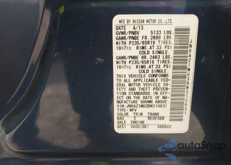 2013 Nissan Murano Sl z USA, uszkodzony, nr VIN JN8AZ1MU3DW210631